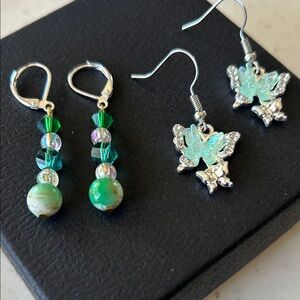 Chic Silver and Green Butterfly Earrings
